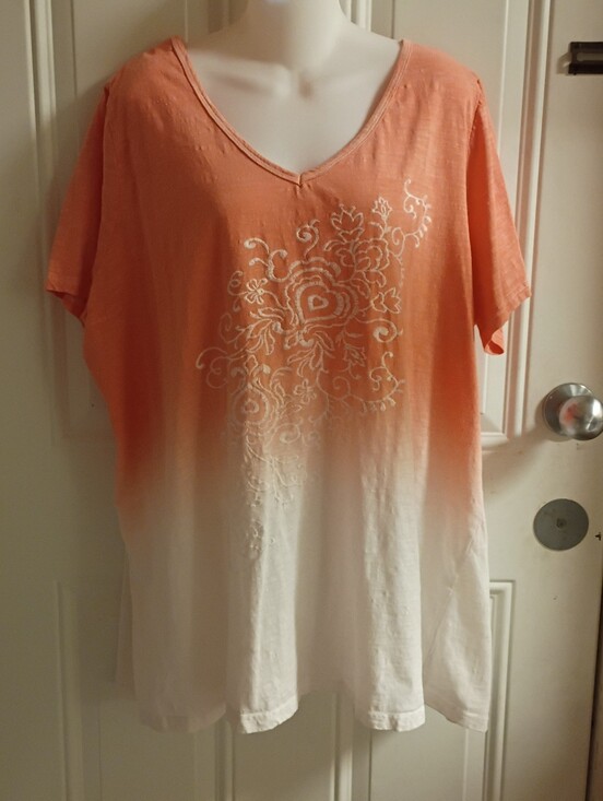 Woman Within Tops - Woman Within Orange Ombre White Fade V-Neck Embroidered Top